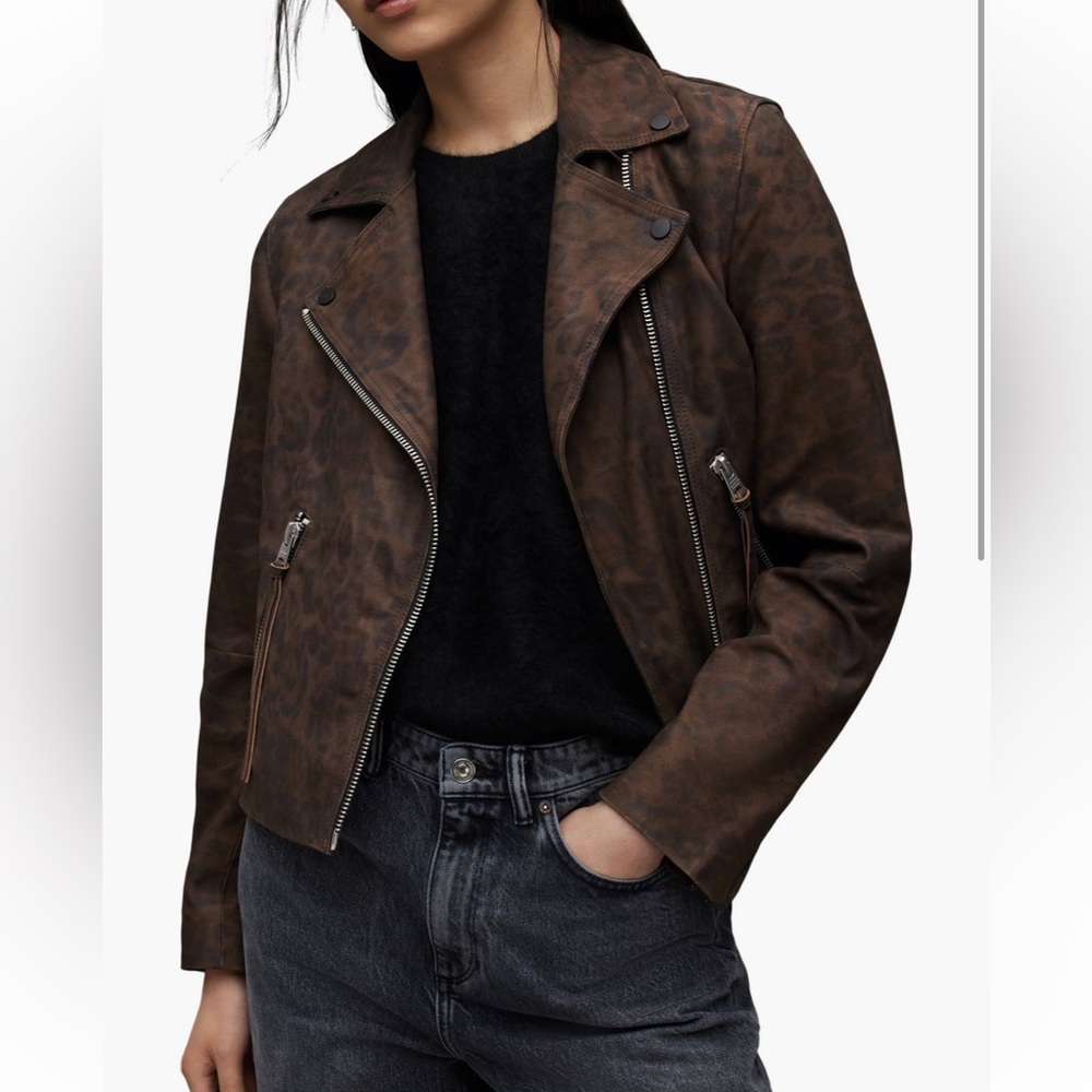 All Saints Dalby Leopard Print Leather Moto Jacket